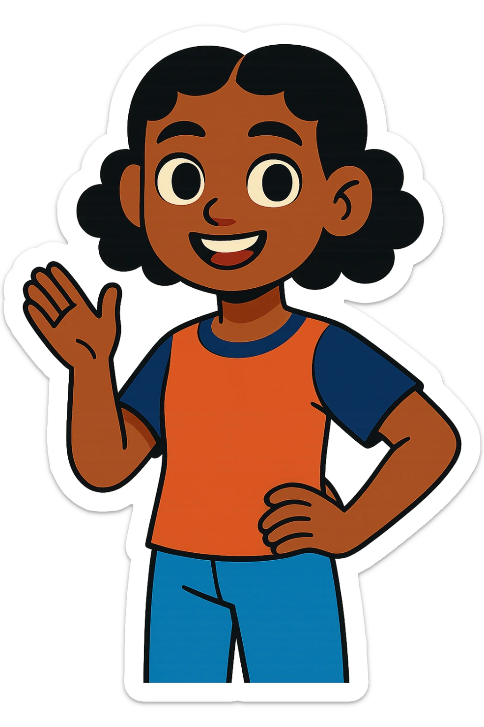 colorful cartoon of a brown-skinned girl with short black curly hair parted in the middle, brown eyes sticker