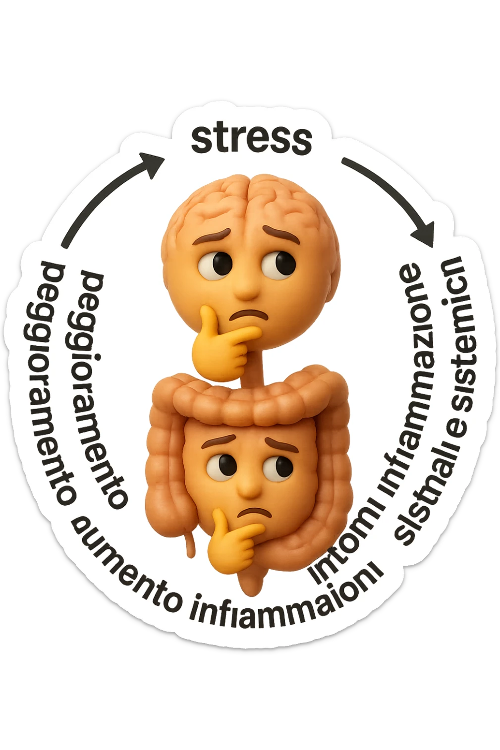 EMOJI STILE IPHONE 3D DI un cerchio con queste scritte che girano intorno "stress → peggioramento intestinale → aumento infiammazione → peggioramento sintomi intestinali e sistemici." al centro del cerchio metti un cervello e intestino umani collegati verticalmente con espressione dubbiosa in volto, FALLO MOLTO REALISTICO IN 3D sticker