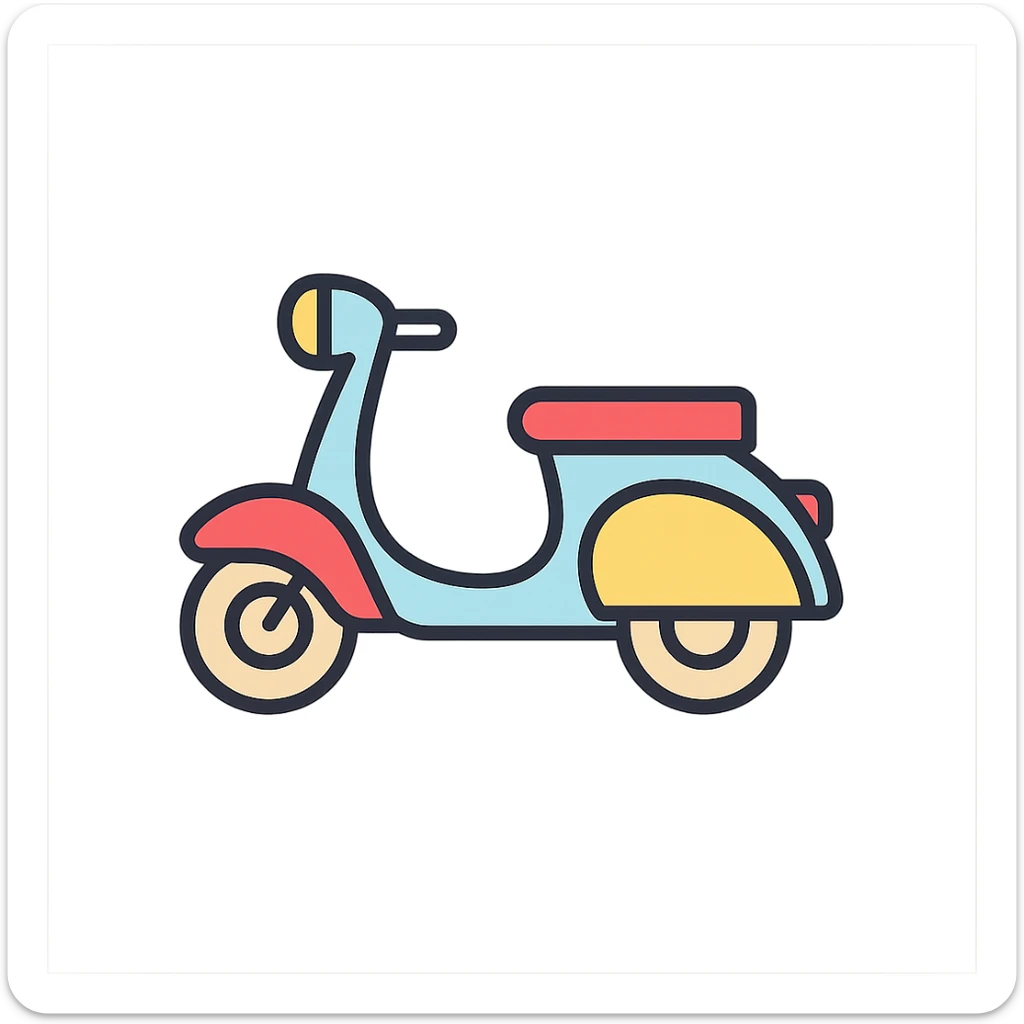 vintage Vespa scooter, color outline icon style, playful colors, black outlines, friendly and inviting sticker