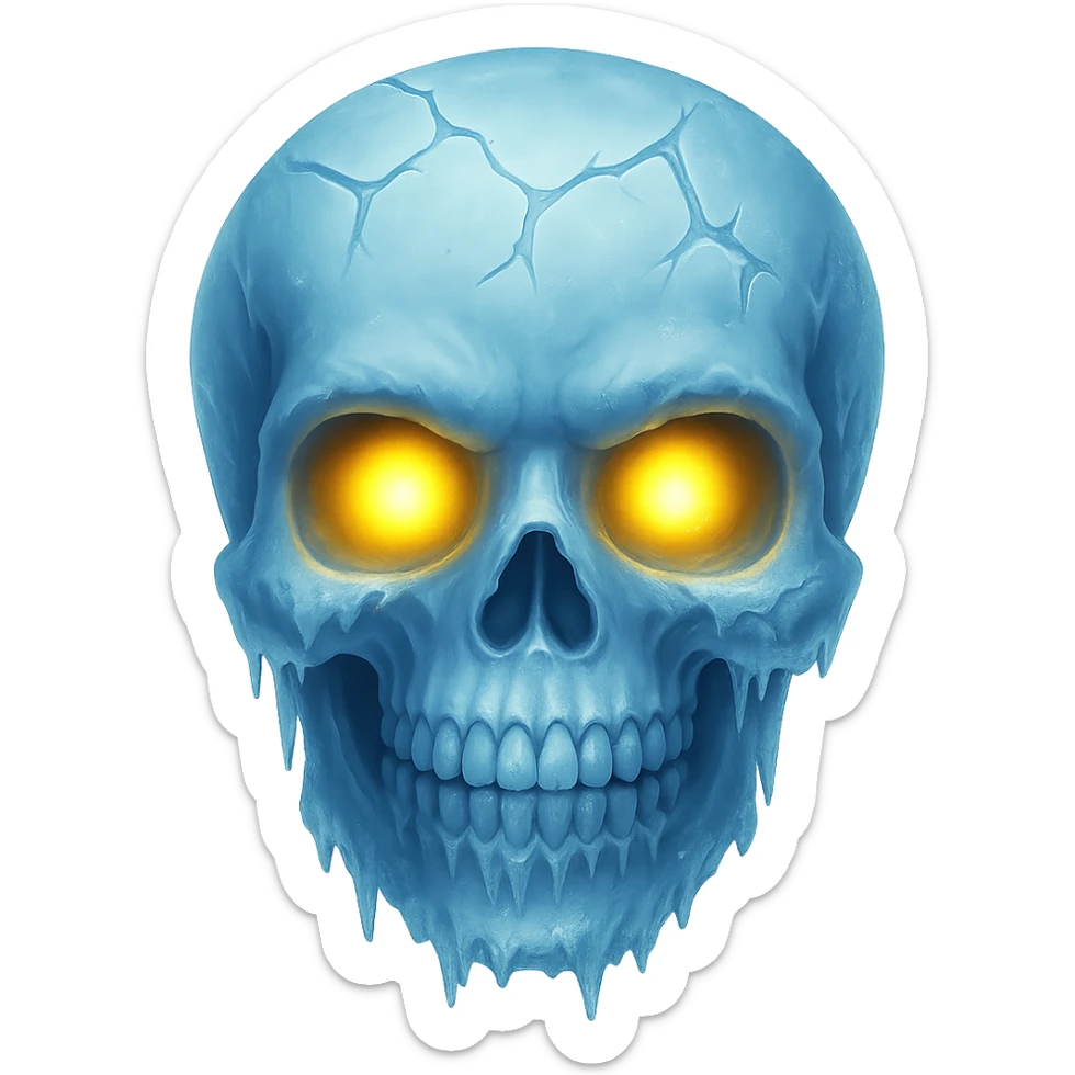 Add glowing eyes to the frozen skull while keeping the icy frost and frozen expression. The image should have no background. Maintain the frozen skull style and icy details. sticker