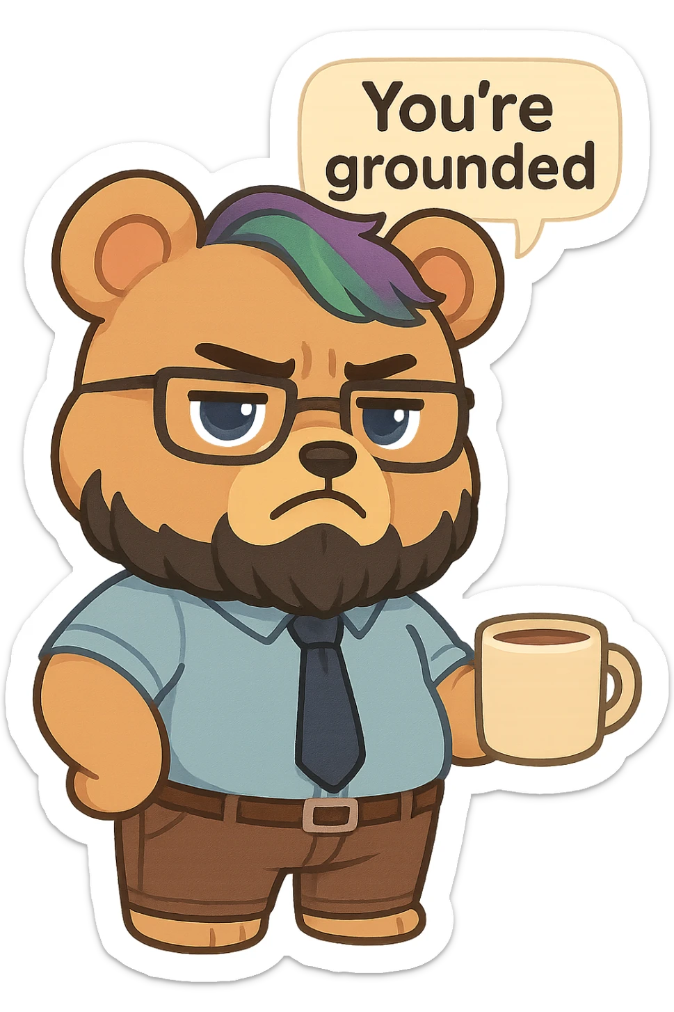 A realism art illustration art style of a plus-sizes teddy bear  with purple to green ombre streak, black beard, blue eyes, glasses, dressed like a dad, holding a coffee mug, You’re grounded speech bubble, frowning  sticker