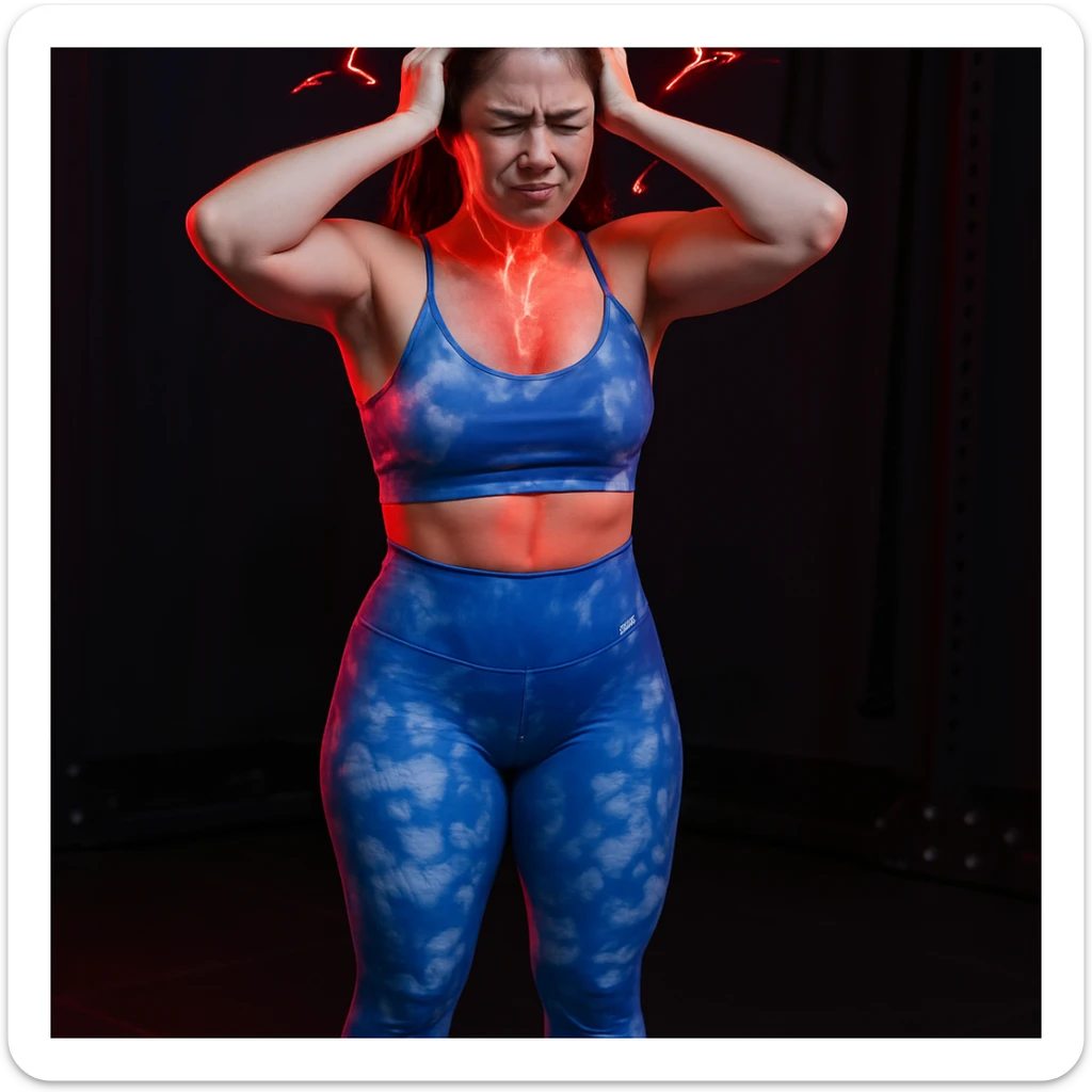 Realistic style edit of the girl identical to the photo with both hands on the head, face contracted in pain, pain symbols like red lights and lightning on neck and head. sticker