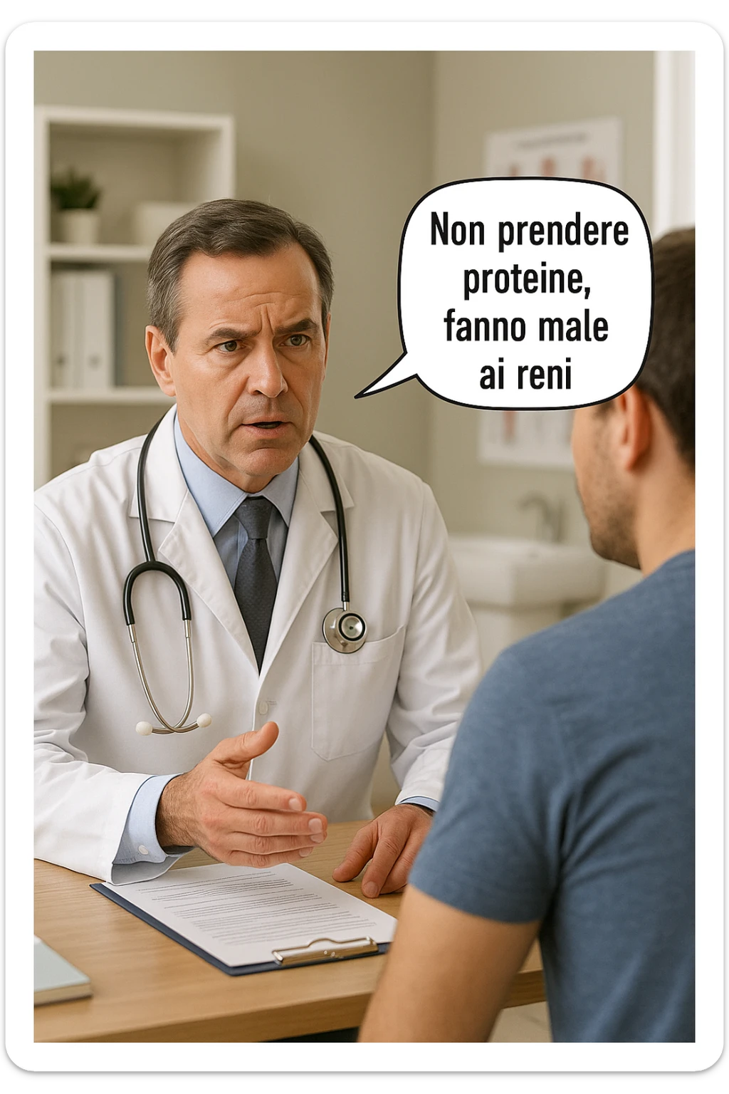 dottore che dice al paziente di non prendere proteine perchè fanno male ai reni in italiano sticker