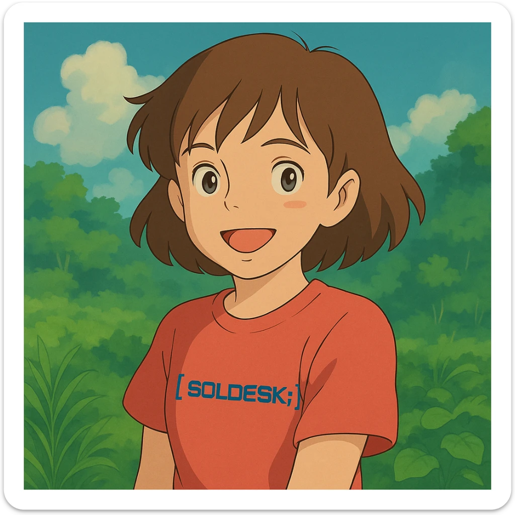 Add the SOLDESK logo to the character's shirt, keep the ghibli style, preserve the original background. sticker