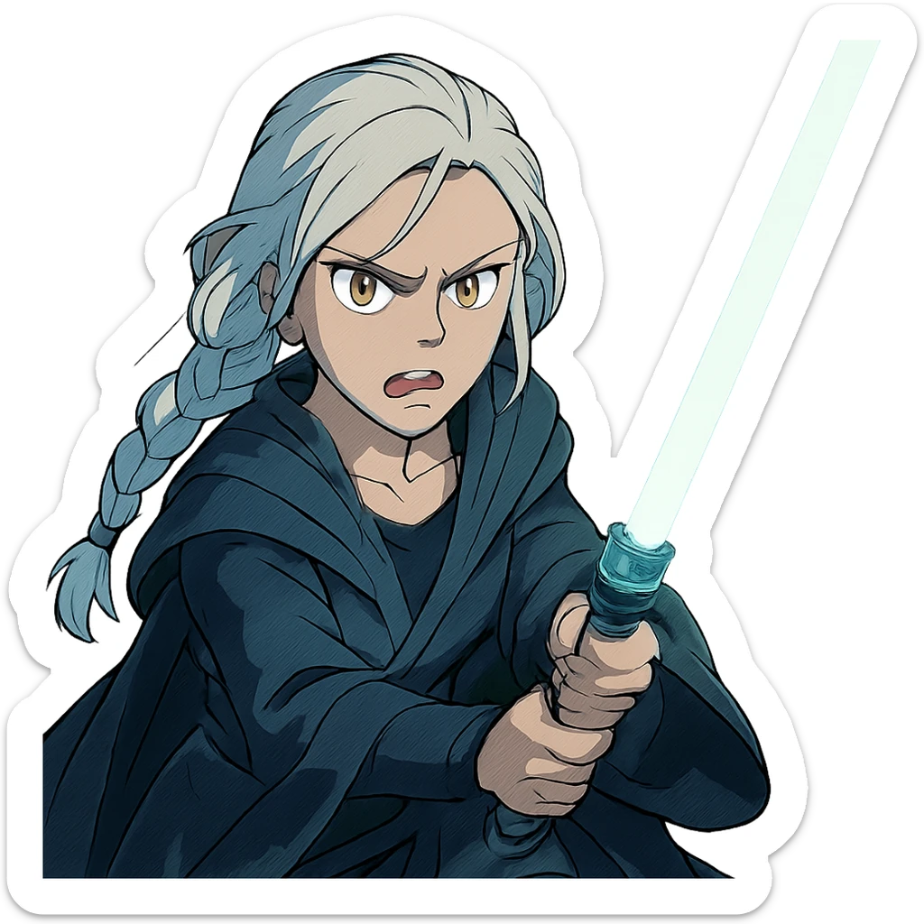  a closeup portrait of young woman with gold yellow eyes, white hair, long braid, black off-shoulder top, punk gothic style, futuristic cyberwave cyberpunk,  jedi attire and posture robes of a padawan, foreweilding a bright blue-green lightsaber, angry fierce face expression, power stance, wide angle shot sticker