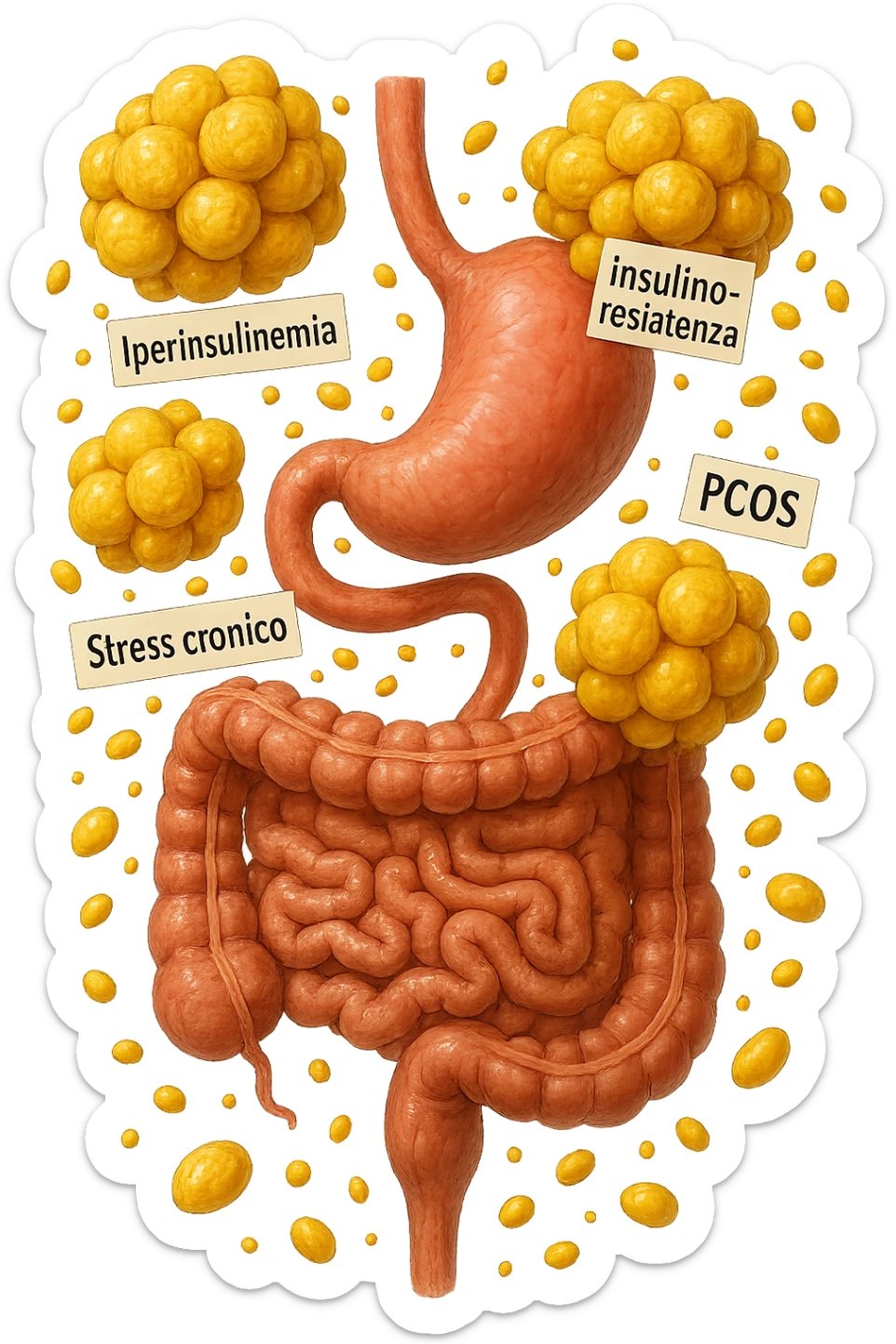 STOMACO E INTESTINO SONO VERTICALMENTE COLLEGATI E INTORNO A QUESTI ORGANI CI SONO CELLULE DI GRASSO GIALLE ATTACCATE SOPRA A GRAPPOLI, intorno fluttuano cellule di grasso giallo e alcune targhette con queste parole "Iperinsulinemia", "insulino-resistenza", "PCOS", "Stress cronico", "asse HPA", IPERREALISTICO 4K sticker