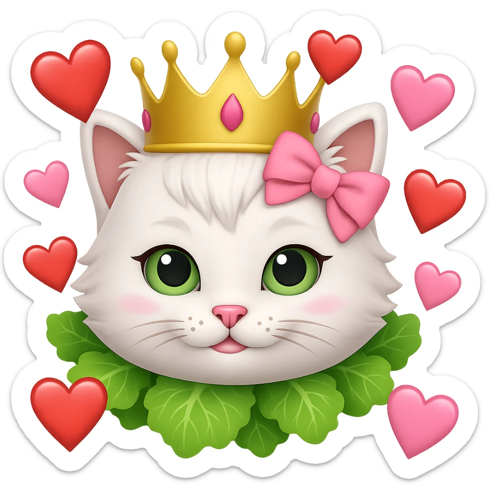 Add hearts around a white cat with a pink bow and a green lettuce crown in emoji style, no background. sticker