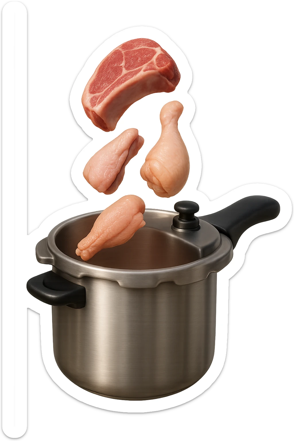 emoji stile iphone in 3d di una pentola a pressione dentro cui cadono agnello, pollo e tacchino crudi da cuocere, iperrealistico 4k sticker