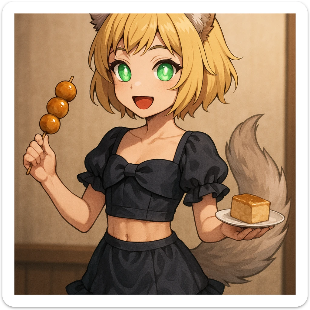 Demon Slayer style girl, 155 cm, 15 kg, short blonde hair, wolf furry ears and tail, glowing green amethyst eyes, hourglass body, toned abs, soft red lips, smooth skin, wearing cute evening outfit, holding food, happy lively look sticker