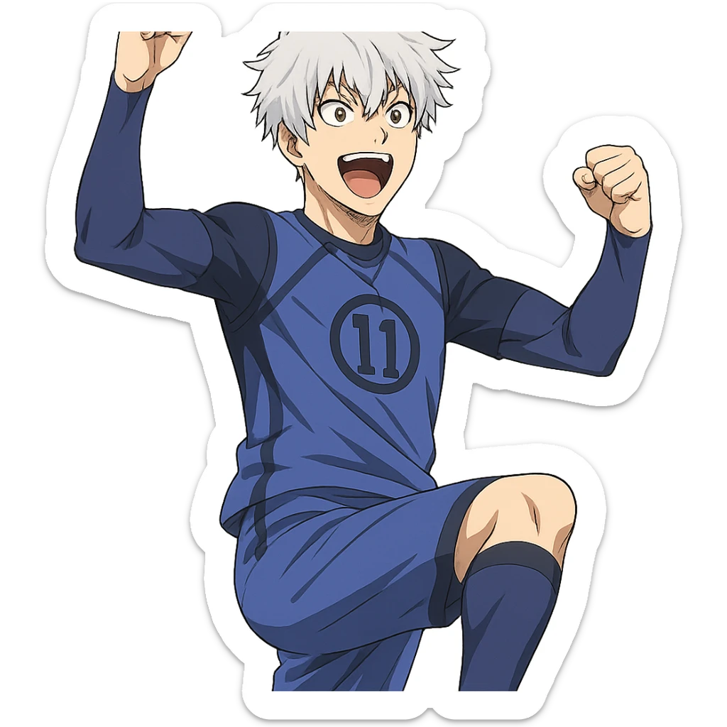 Nagi Seishiro from Blue Lock, anime style, celebrating a goal, white hair, blue uniform, energetic expression sticker