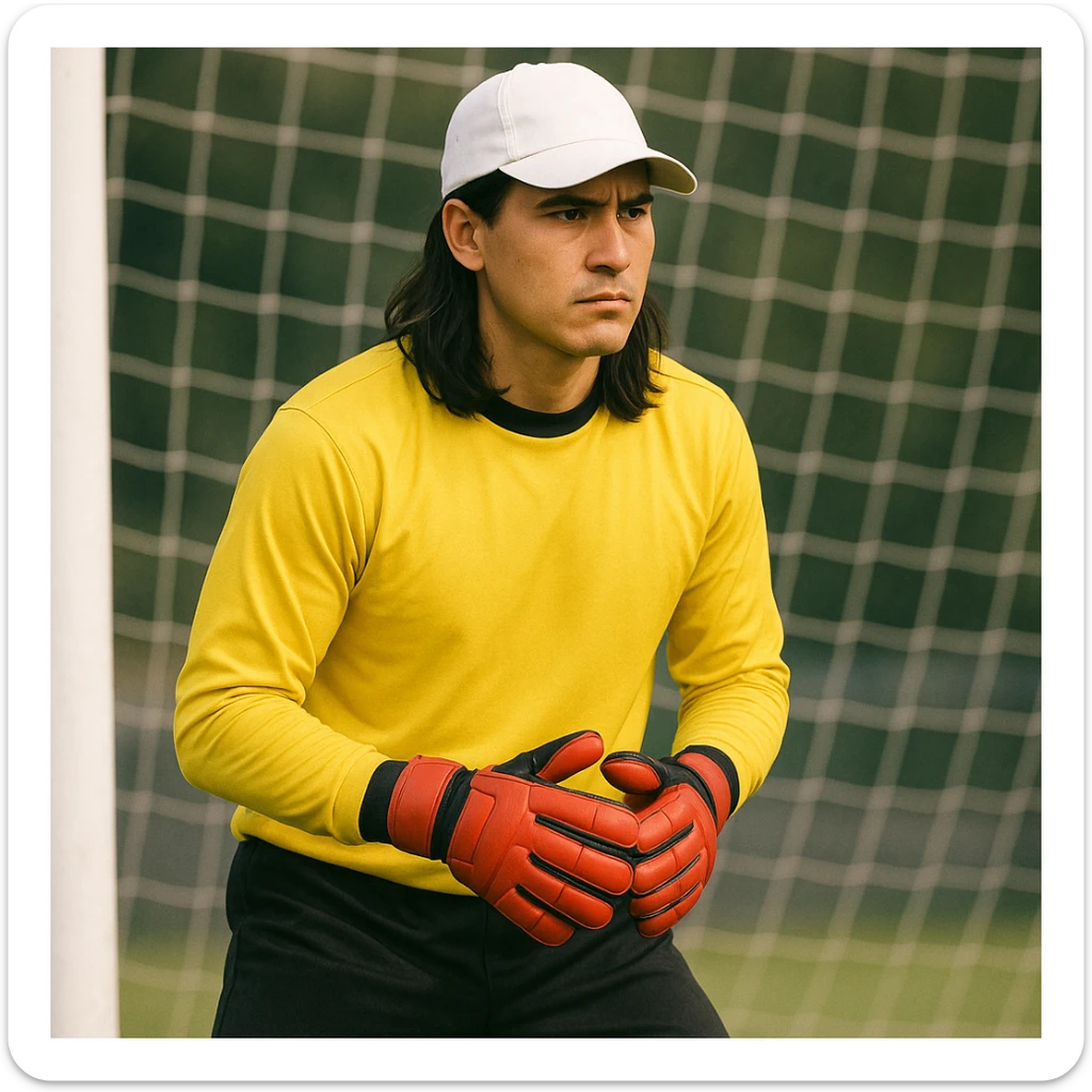 portero de fútbol con camiseta amarilla, gorra blanca, pelo largo negro, pantalón negro, guantes rojos y rostro serio, estilo realista simplificado sticker