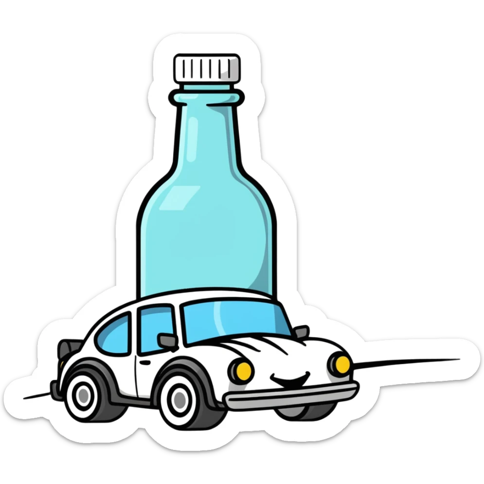 cartoonish icon of a car with wobbly motion lines and a bottle, representing drunk driving sticker