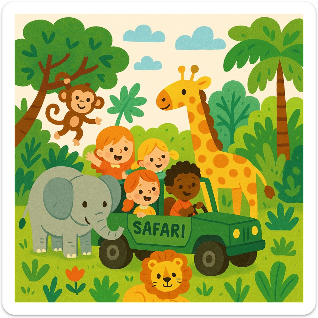 hand drawn digital illustration of jungle safari in the style of children's illustration sticker