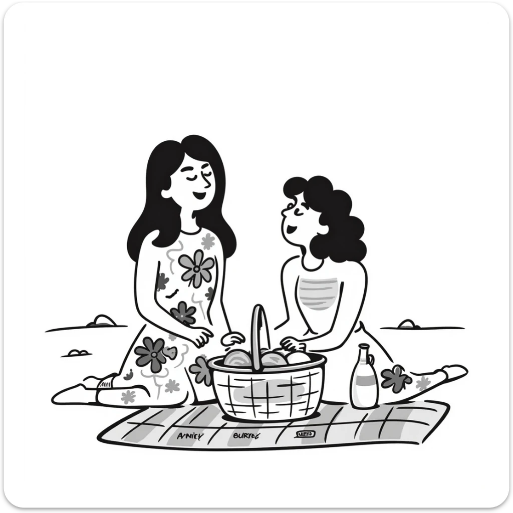 A brunette with straight hair laughs among friends at a picnic, wearing a light summer dress, her hair messy from the wind sticker