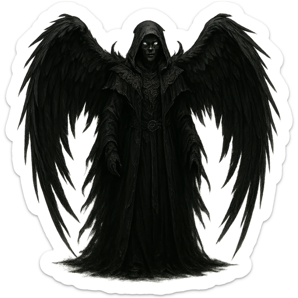 A dark angel with black wings and a menacing aura, in a gothic, dark fantasy style. sticker