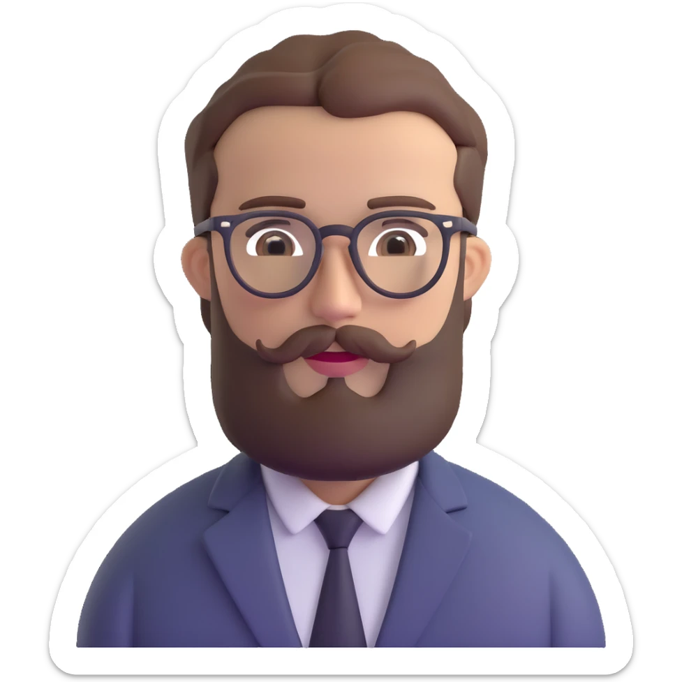male with glasses, French cut hairstyle, brown hair, fine full beard sticker