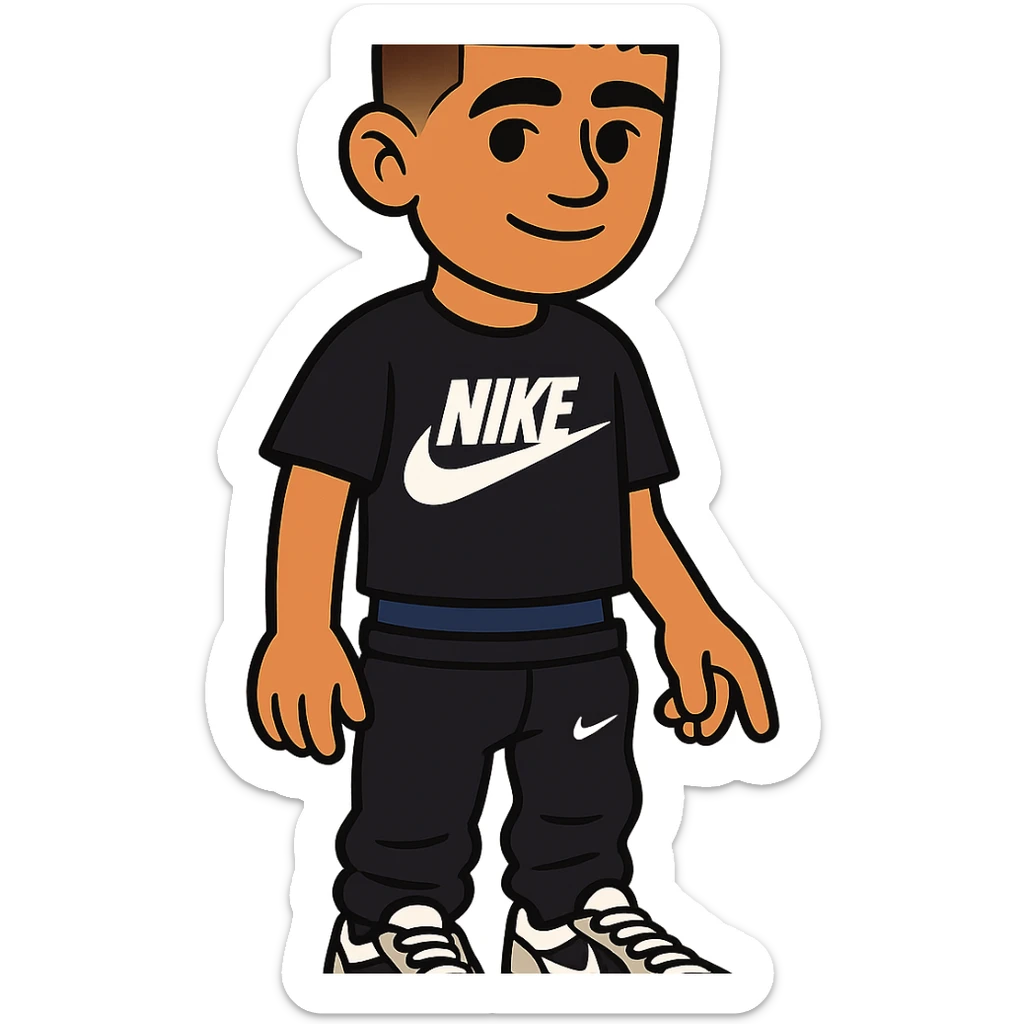 chico de pelo moreno, corte taper fade, flequillo a las cejas, camiseta Nike negra, pantalones Nike negros bajados, zapatillas Dior blancas sticker