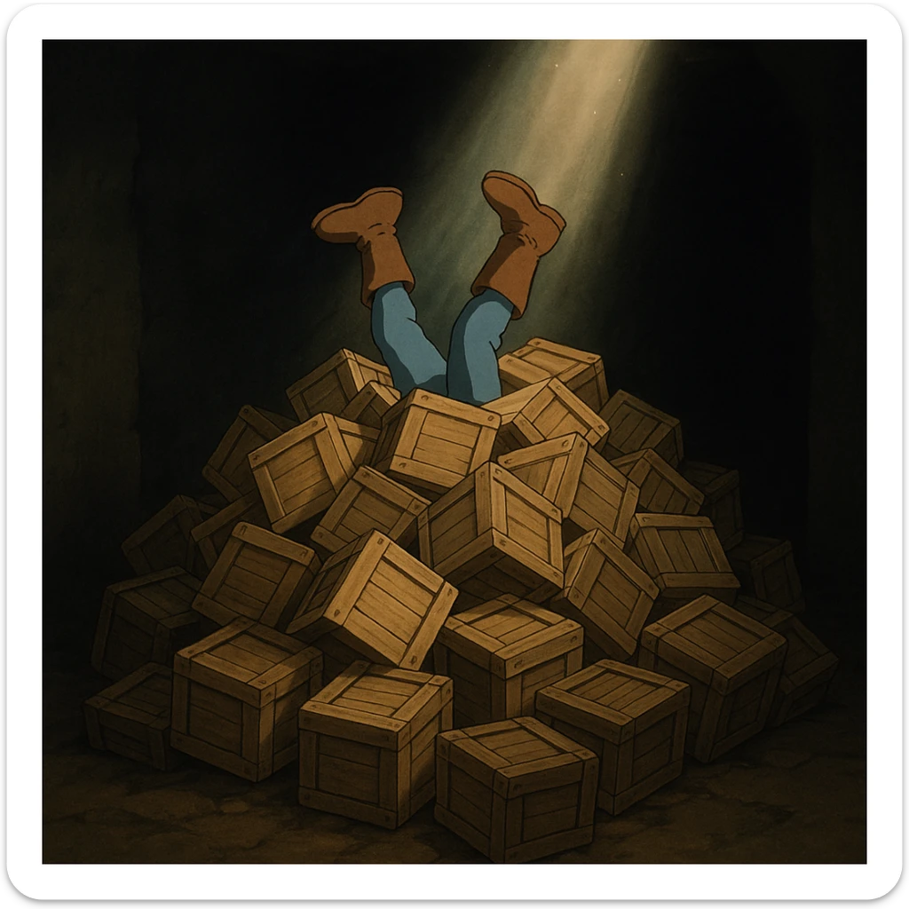 A pile of small oblong crates hidden in a dark area with a beam of light shining from above, with someone’s boots sticking out like they dove in sticker