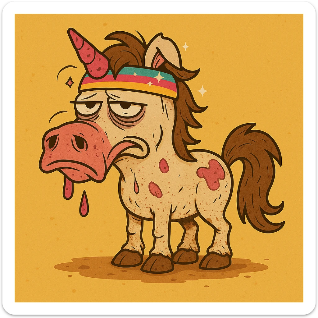 Add sparkles to the bright unicorn headband. Keep the cartoon style. The unicorn remains dirty, crumpled, with bags under its eyes and a drooping horn. sticker