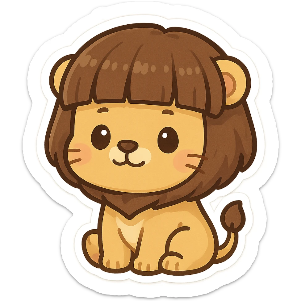lion with a bowl haircut, straight bangs, cute and expressive, chibi stickers style sticker