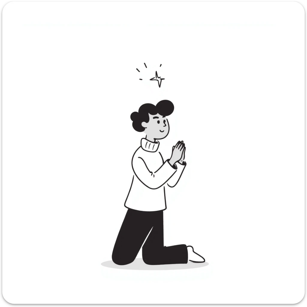Person kneeling in prayer, talking to God, spiritual moment sticker