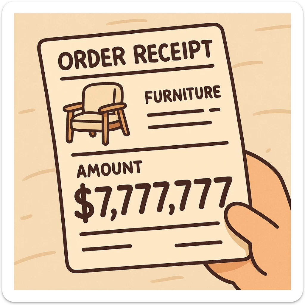 a furniture order receipt showing $7,777,777, cartoon style sticker