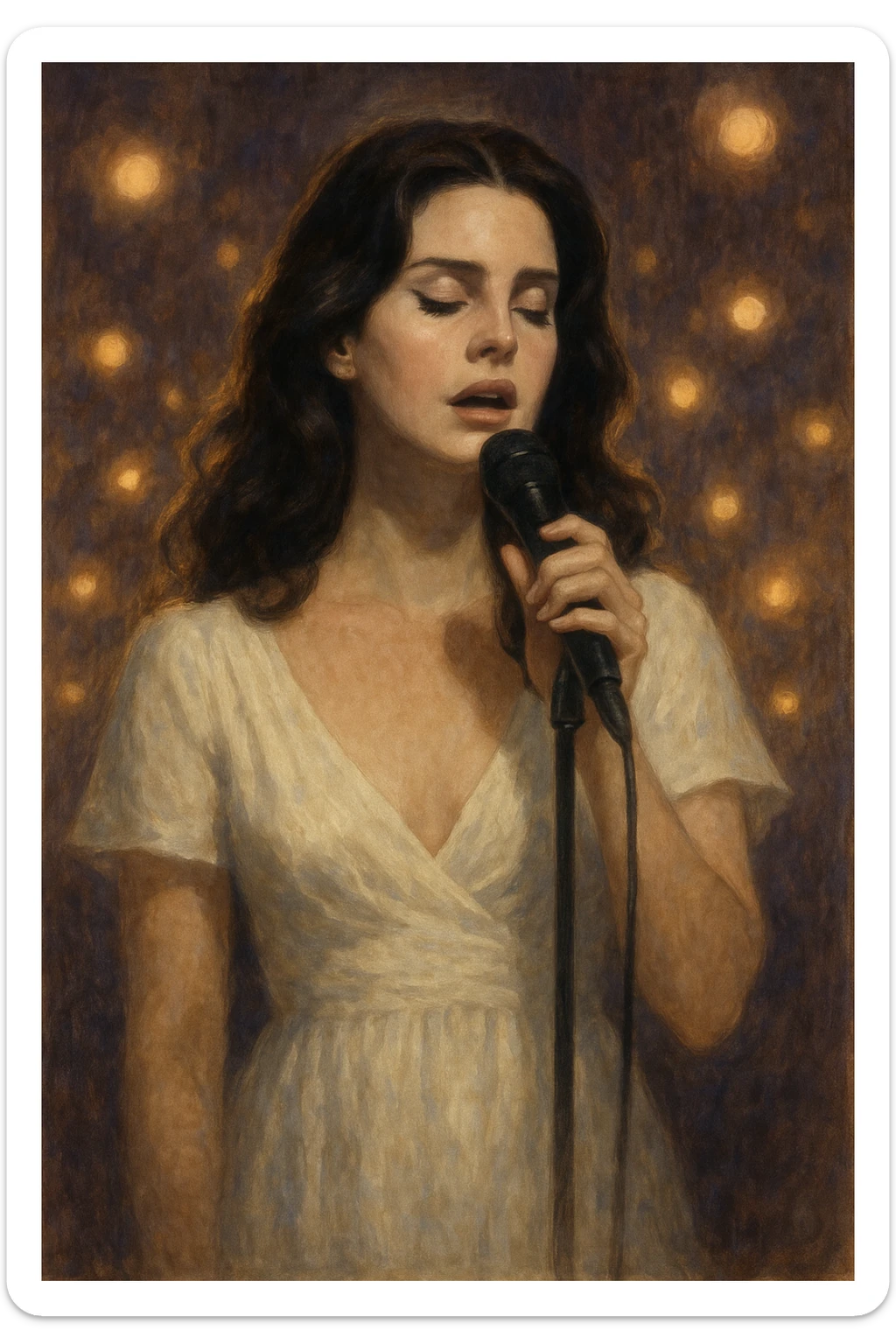 A stylized portrait of Lana Del Rey in a white dress, eyes closed, singing 'Heart Shaped Box', surrounded by soft glowing lights, romantic and melancholic mood sticker