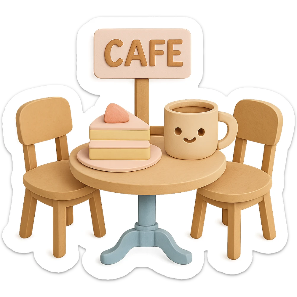Regenerate a kawaii coffee shop table and chairs set with cake and coffee in the same paper craft style as the reference. Make it even more visually appealing, perfect looking, with crisp details, soft pastel colors, and a flawless hand-crafted texture. Emphasize cuteness and high quality. Keep the transparent background. sticker