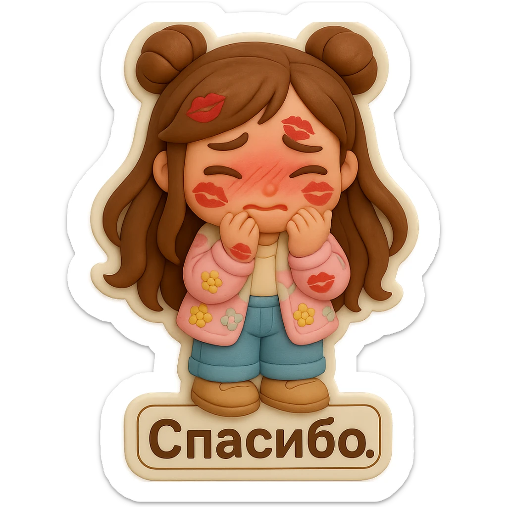 Create a 3D chibi fondant cake art style sticker of a girl based on the reference image. Preserve the facial features, eye shape, and hairstyle exactly as in the reference, with long brown hair styled in two space buns and brown eyes. She is standing, blushing deeply from embarrassment, covered in kiss marks, looking shy and overwhelmed. Include shoes matching the reference. Add a thick white outline like a sticker and a transparent background. At the bottom of the sticker, include a sign that says 'Спасибо'. sticker