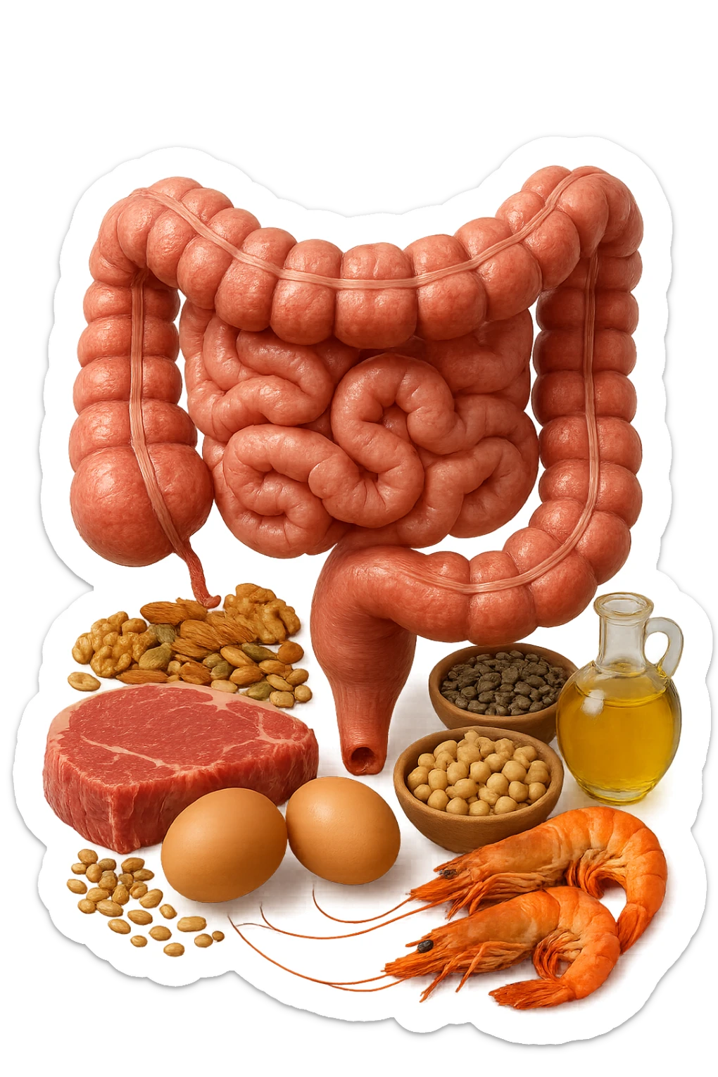 carne, uova, semi oleosi, legumi, crostacei insieme ad INTESTINO umanO realisticO, iperrealistici 4k sticker