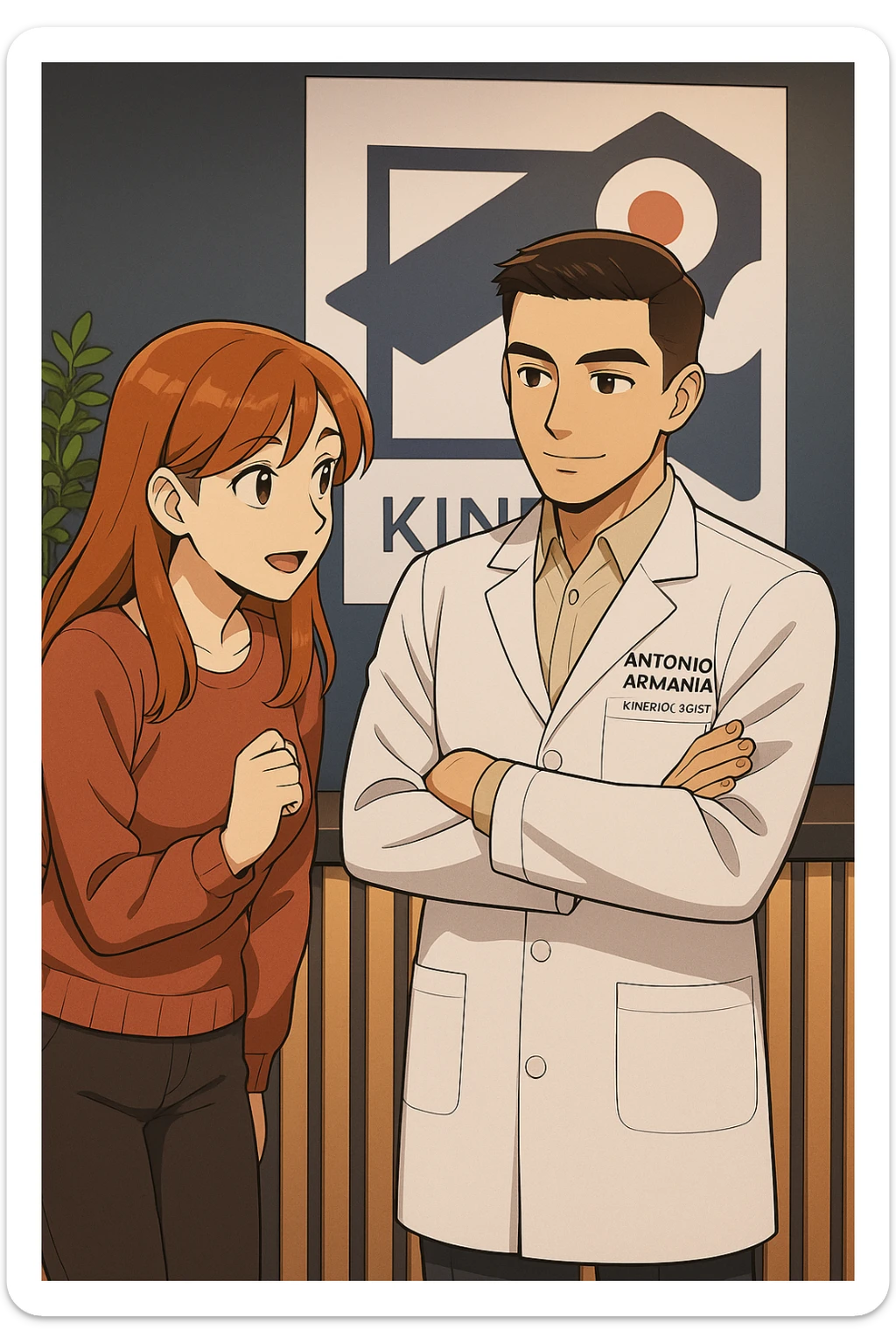 su questo stile fai un manga/webtoon a colori in cui una donna incuriosita fa una DOMANDA ALL'UOMO, l'uomo della foto in stile manga LE risponde, mantieni un ambiente simile alla foto che ho allegato con il suo logo (sarebbe il suo studio, lui è un kinesiologo), scrivigli "ANTONIO ANANIA" sul camice bianco, non mettere fumetti, ma fai in modo che sembri che la donna CHIEDA curiosa E L'UOMO le risponda sticker