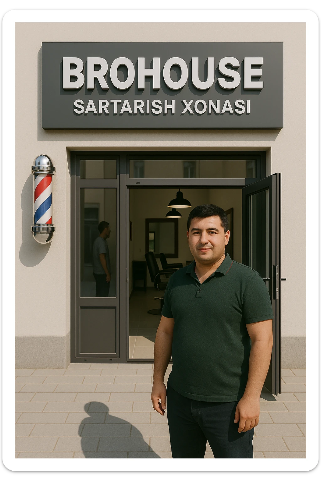 eni shu rasimga manashu odamga uxhshasin sartaosh eshik oldida tursin va tashqarida esa mijoz sticker