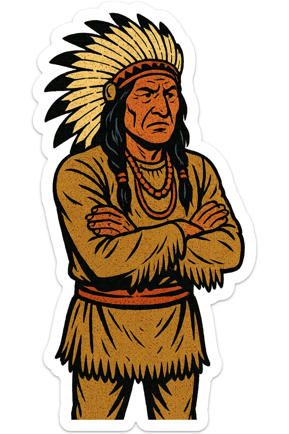 The full body of A native American Indian chief from the 1800s standing looking concerned with his arms crossed sticker
