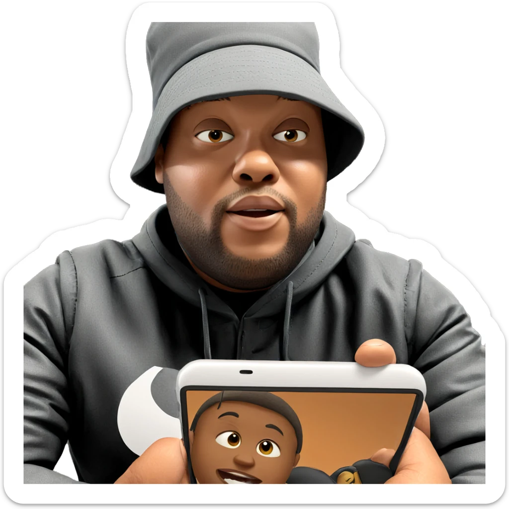 boy holding phone in jacket sticker