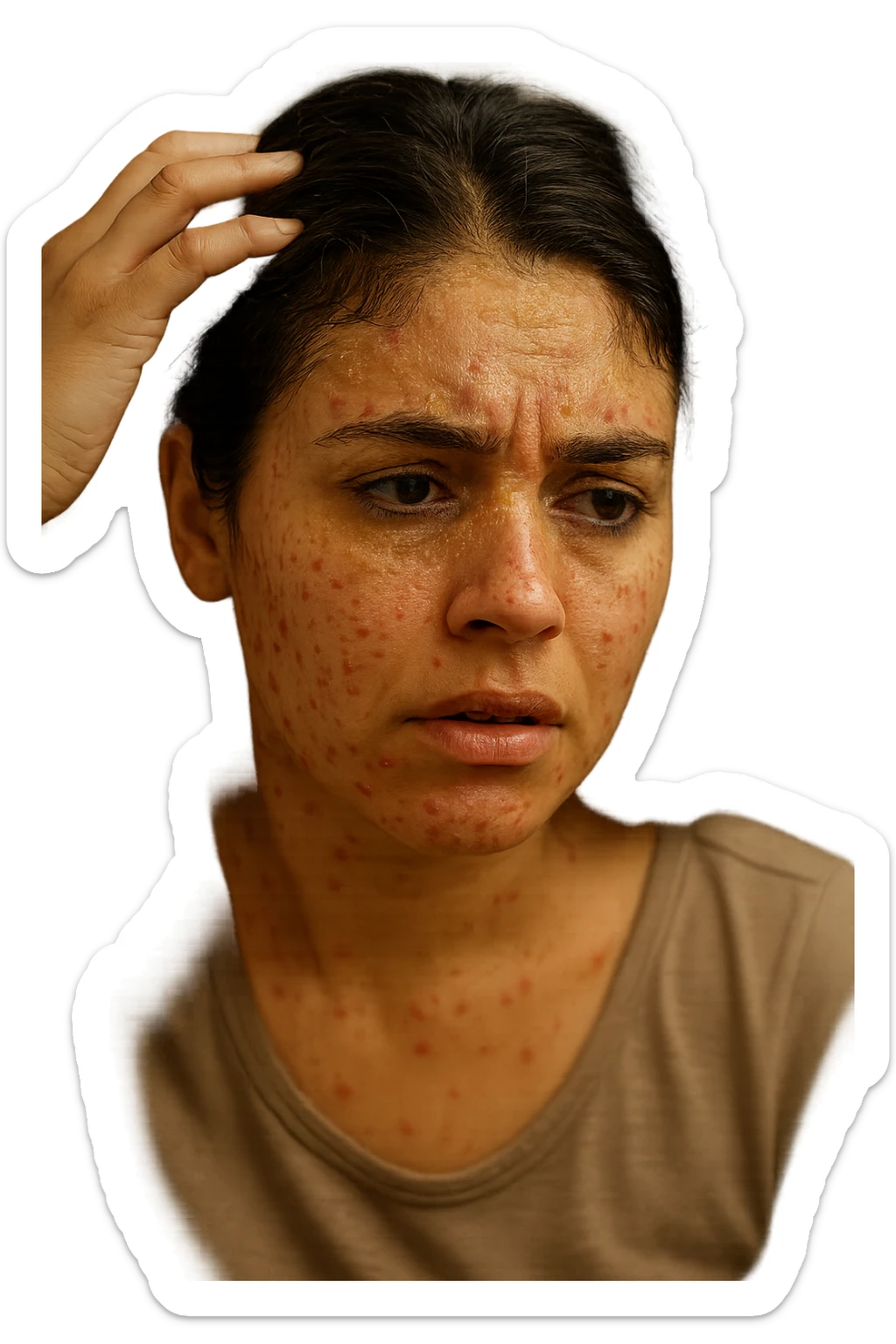 A highly realistic, cinematic close-up portrait of a young woman in her late 20s with medium skin tone, displaying visible folliculitis and seborrheic dermatitis. Small, red, inflamed follicular papules and pustules are scattered along her hairline, jawline, and upper neck, indicating folliculitis. Her scalp and areas around the nose and eyebrows show flaky, greasy yellowish scales, with redness and irritation, indicating seborrheic dermatitis. Her hair appears slightly greasy and clumps near the scalp, emphasizing excess sebum production. She gently touches her irritated scalp with concern while looking at herself in a softly lit bathroom mirror, expressing discomfort and frustration. The environment is neutral and clean, with daylight softly illuminating the scene to highlight the skin and scalp texture. The style is 35mm hyperrealistic, with warm neutral tones and shallow depth of field to maintain focus on her skin, inflammation, and emotional expression, visually explaining the physical discomfort and aesthetic concerns of living with folliculitis and seborrheic dermatitis sticker