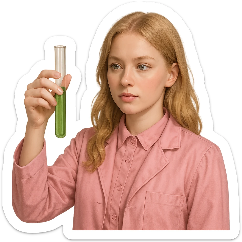 blonde girl with green-grey eyes, dressed in pink clothes, holding a test tube, chemist style sticker