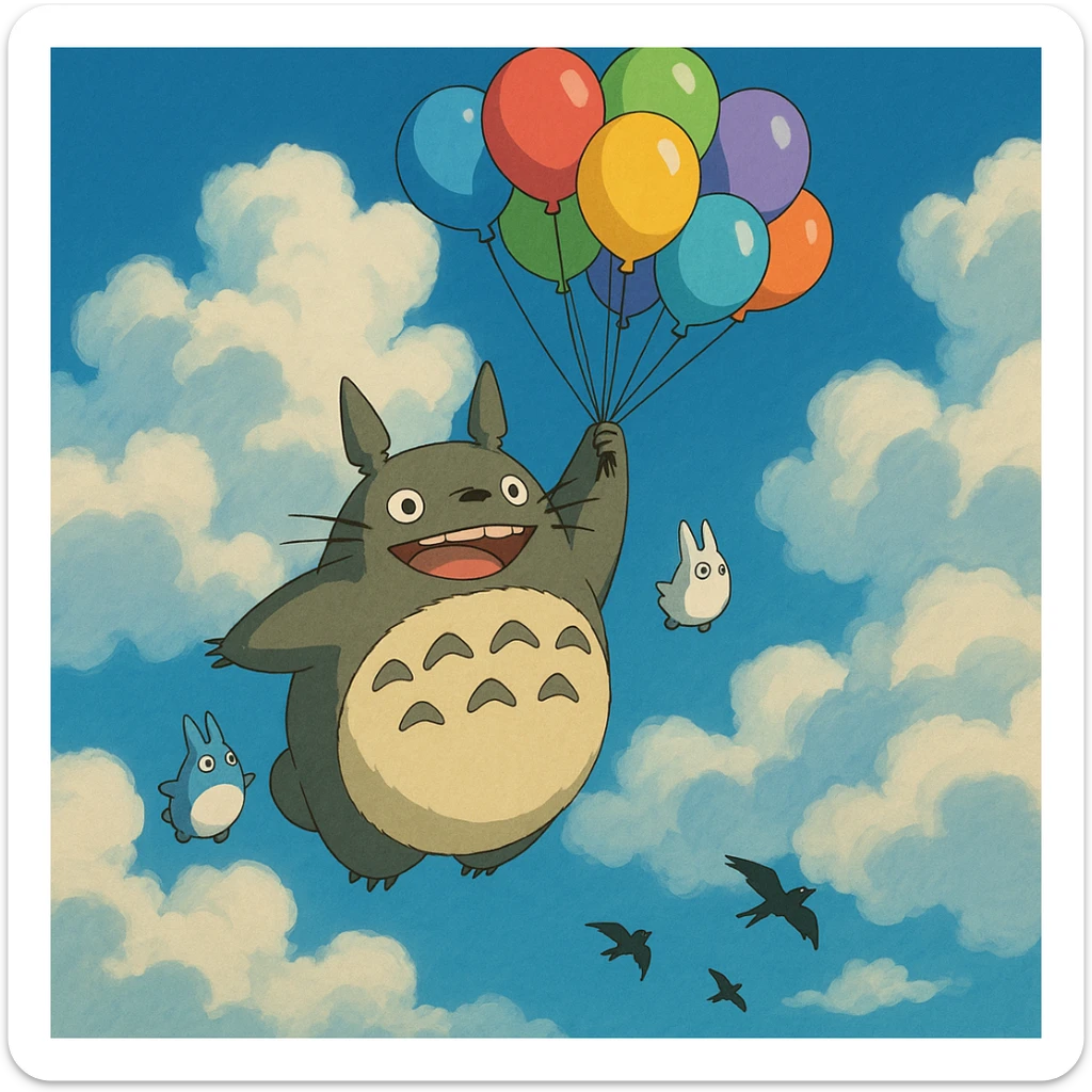 Totoro floating high in the sky, joyfully holding onto a bunch of colorful balloons, with small Totoros trailing behind him and fluffy clouds parting around them as birds fly nearby. sticker