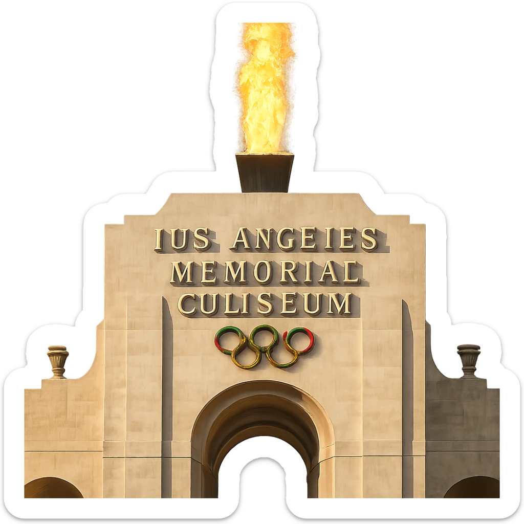 Add bright fire coming up from the Olympic Torch in the middle of the Los Angeles Memorial Coliseum. Keep the realistic white stone, majestic ornate architecture, lifelike detail, and regal lighting. The background should be transparent. The style should be realistic and detailed to match the original image's majestic and regal atmosphere. sticker