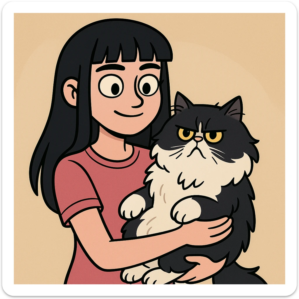 a girl with nearly black long hair and bangs, carrying a fluffy black and white Persian cat, modern cartoon style sticker