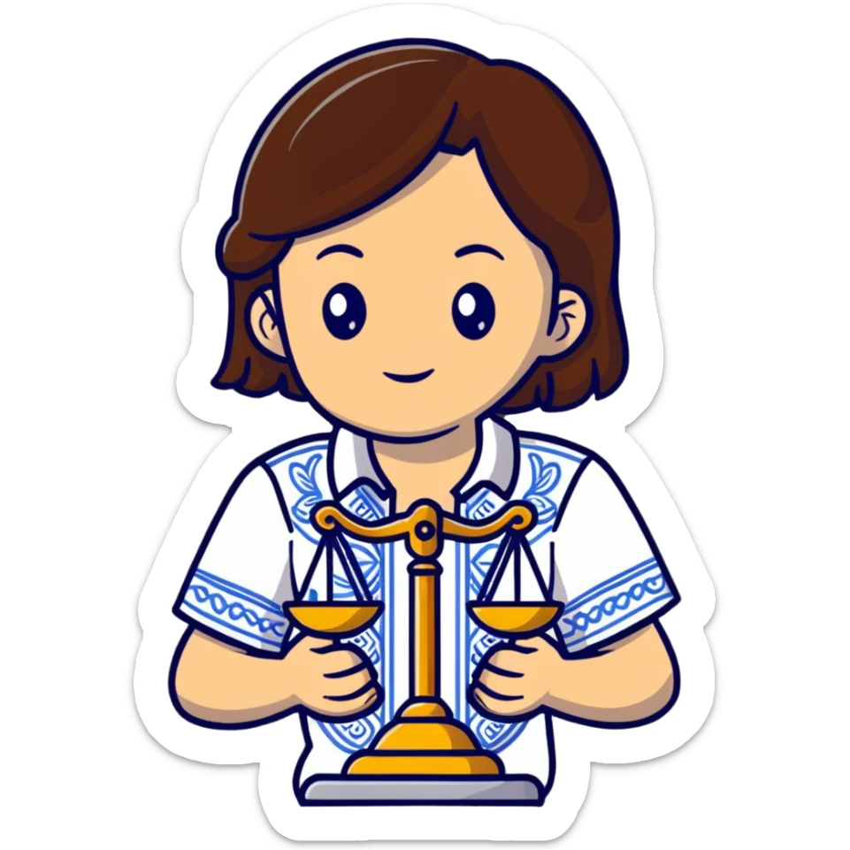 A Ukrainian girl with brown hair in an embroidered shirt holds the scales of truth in her hand sticker