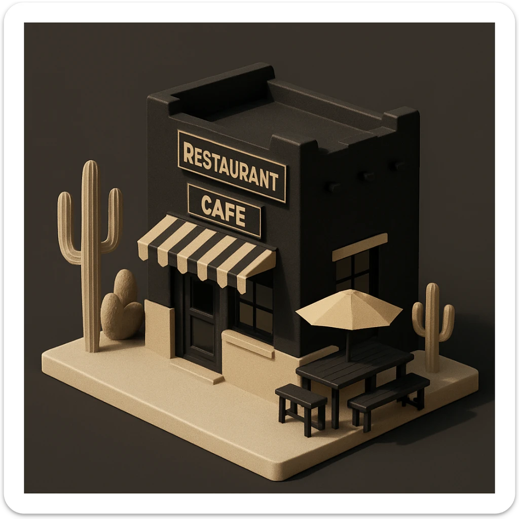 isometric exterior of a little southwestern restaurant, black, beige, and white color palette, dollhouse style, 3D realistic sticker
