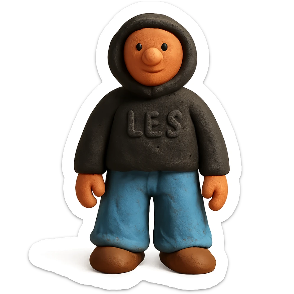 person named Les wearing wide jeans and a black hoodie sticker