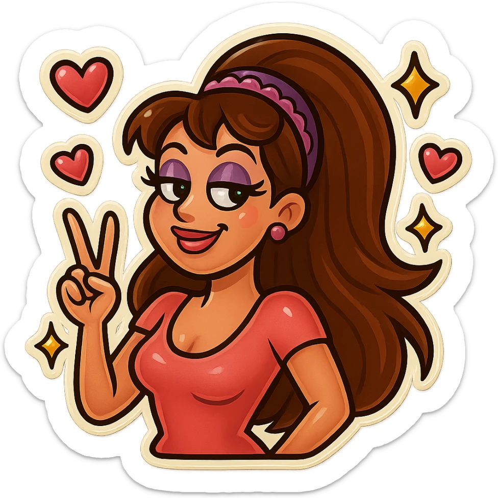 Change the hair color to brunette while keeping the valley girl making a peace sign, pastel makeup, cute headband, hearts and sparkles. sticker