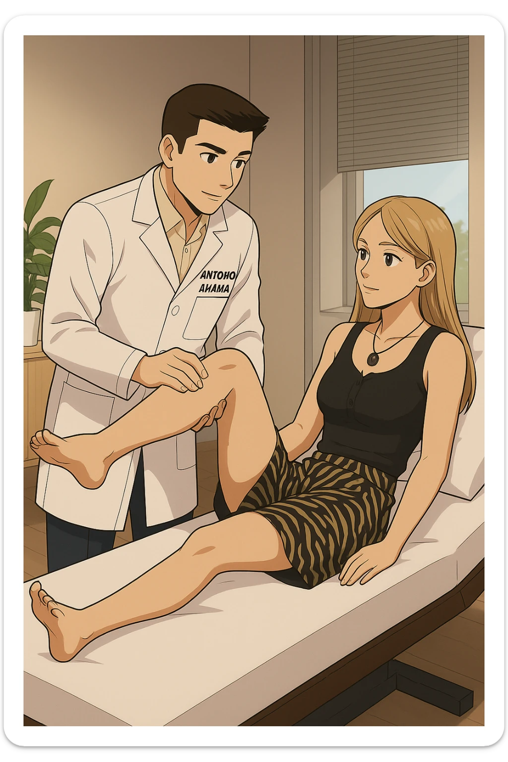 fai un webtoon/manga a colori con questo kinesiologo in camice bianco (fagli la scritta "ANTONIO ANANIA" SUL CAMICE) CHE SVOLGE UN TEST NEUROMUSCOLARE SOLLEVANDO UNA GAMBA ALLA RAGAZZA CHE è STESA SU UN LETTINO BIANCO. STANZA SEMPLICE E MODERNA, DURANTE IL TEST I DUE DIALOGANO TRA LORO. NON FARE I FUMETTI, FAI SOLO LORO COME SE DIALOGASSERO sticker
