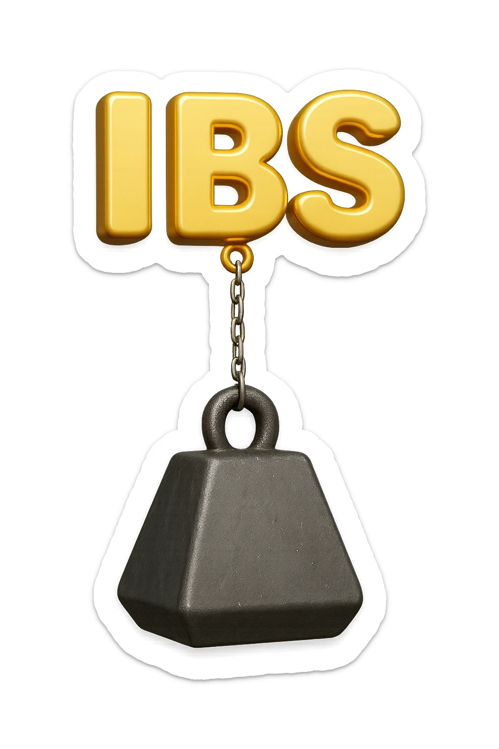 emoji stile iphone della parola "IBS" sospesa in aria con zavorra attaccata sotto che la fa cadere per il peso, iperrealistico 4k sticker