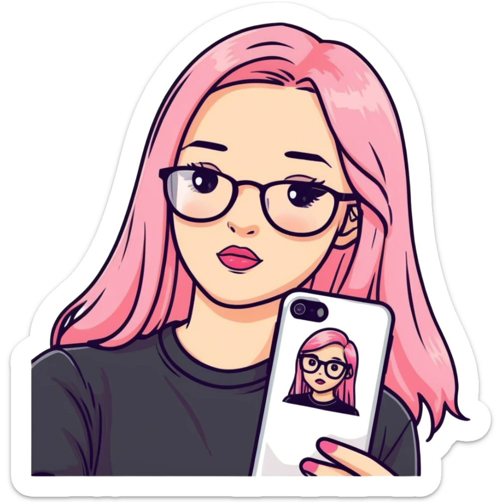 A teenage girl taking a selfie in a school bathroom. She has long, straight blonde and pink-dyed hair, wears rectangular glasses and a black shirt. Her expression is neutral with glossy lips sticker