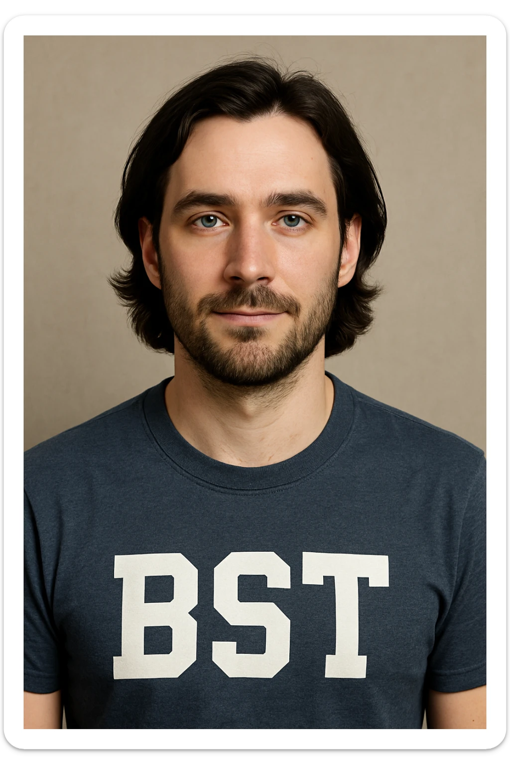 Caucasian male avatar, age 30, white skin, dark slightly long hair, blue eyes, bust portrait, shirt features 'BST' lettering sticker