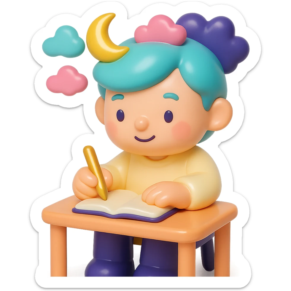 beginner author, sitting at a desk with a notebook, looking inspired and imaginative, using a color palette of soft pastel colors with accents of gold and deep purple sticker
