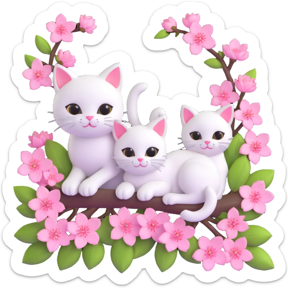 3D iOS-style illustration of a cherry blossom branch with cute white cats peeking out from behind the pink flowers, soft pastel colors, smooth shading, playful friendly vibe sticker