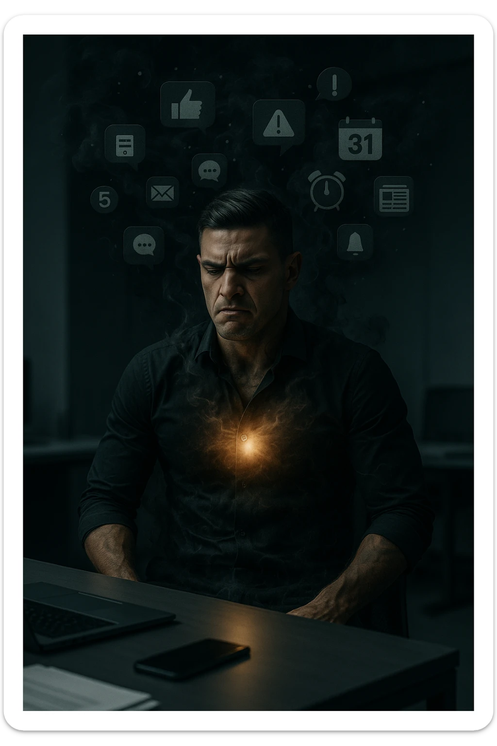 A highly realistic, cinematic image of a young man in his early 30s, sitting at a modern office desk under harsh artificial lighting, shoulders hunched, jaw clenched, and breathing shallowly, symbolizing how modern society forces people to live in a state of chronic tension and restricted breathing. Around him, faint black and grey visual elements represent notifications, deadlines, social media icons, and news alerts, swirling around his head like a chaotic storm, symbolizing societal pressure. His chest appears visually tight and compressed, and faint dark smoke emanates from his body, representing blocked breath and internalized stress. In contrast, a faint glowing light near his chest and abdomen tries to expand, symbolizing the innate desire of the body to breathe freely and deeply. The environment is cold and minimalistic, with a sense of stillness and tension, captured in a hyperrealistic 35mm film style with muted colors, focusing on the man's tense posture and restricted breathing to reflect the unseen burden of modern living. in italiano sticker